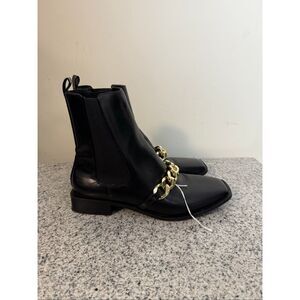 Zara black low heel chain ankle boots Size 38/8 Patent Leather Moto Rockabilly